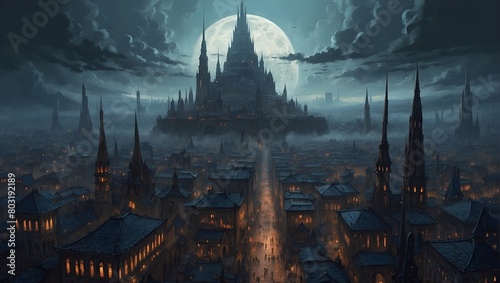 A darkly enchanting cloud city painted in gouache, the central focus being a looming citadel with spires that reach towards the stormy sky photo