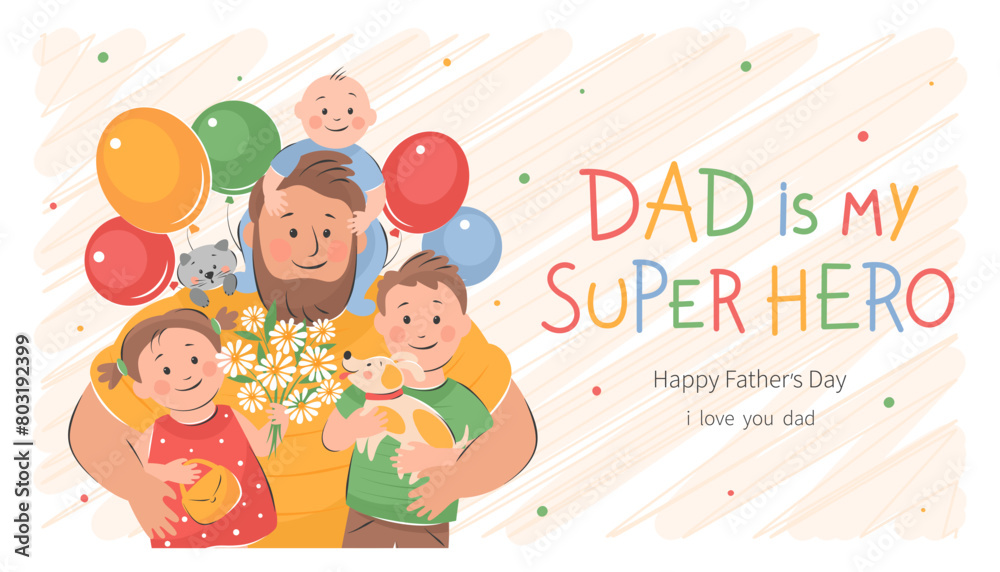 Happy Father's Day! Vector cute illustration of dad with children. Drawings Father's Day with holiday wishes for postcards, posters, banner. Happy Father's Day! Vector cute illustration of dad with children. Drawings Father's Day with holiday wishes for postcards, posters, banner.
