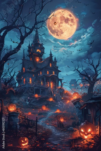 Haunted house with pumpkins and bats under a full moon