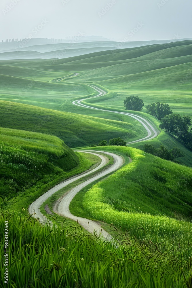Curvy Country Road Through Green Rolling Hills