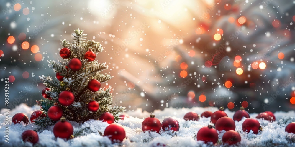 Small Christmas tree with red ornaments in the snow Small Christmas tree with red ornaments in the snow