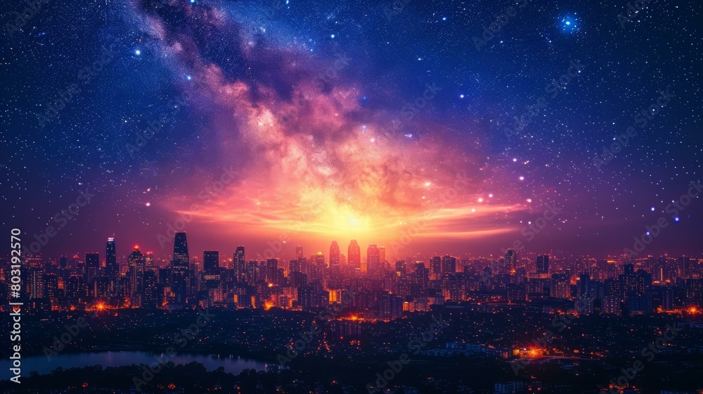 breathtaking view of a city skyline at night with a vibrant starry sky above breathtaking view of a city skyline at night with a vibrant starry sky above