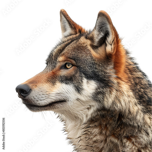 Wolf face shot side view on isolated transparent background