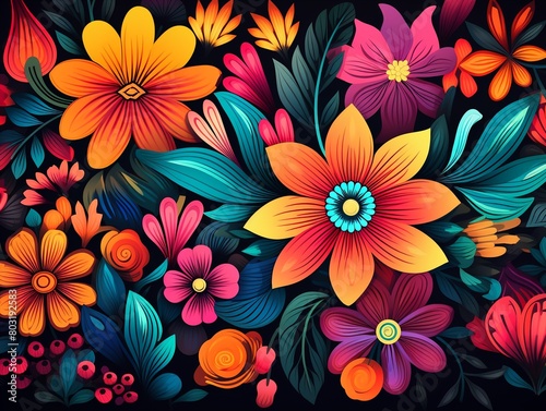 Acid flowers, vibrant neon palette, seamless pattern, flat vector style, ideal for summer textile printing , vector and illustrations