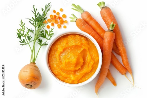 delectable organic baby puree with gardenfresh carrots nutritious healthy meal top view isolated on white photo