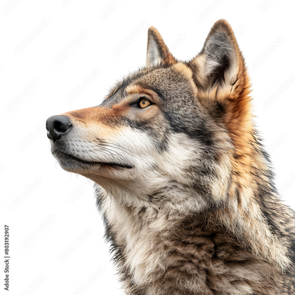 Wolf face shot side view on isolated transparent background Wolf face shot side view on isolated transparent background