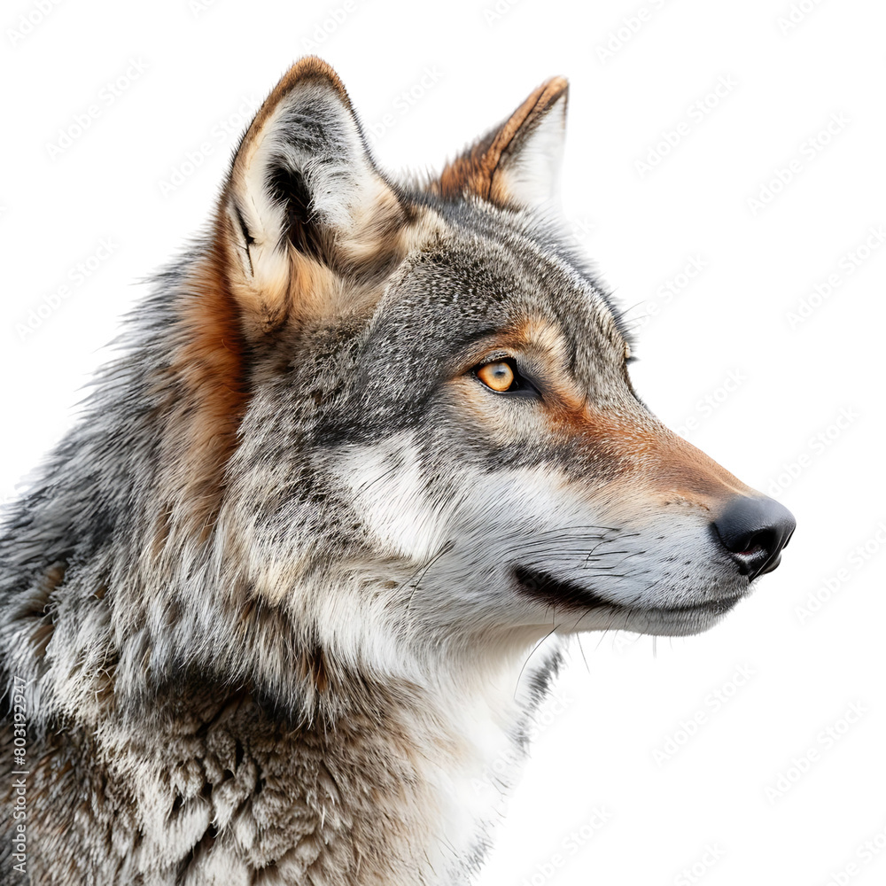 Wolf face shot side view on isolated transparent background Wolf face shot side view on isolated transparent background