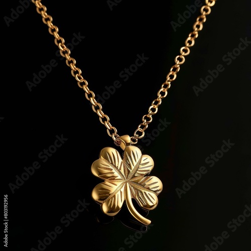 Four leaf clover pendant made of gold hanging on a golden chain