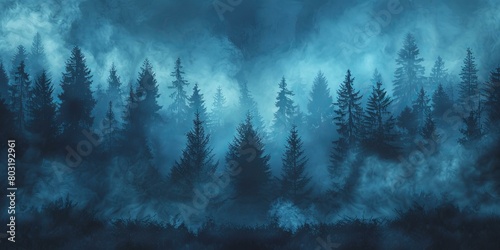 Foggy forest landscape with dark blue foggy background photo