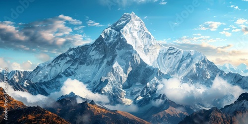 Mount Everest, the highest mountain in the world, is located in the Himalayas. photo