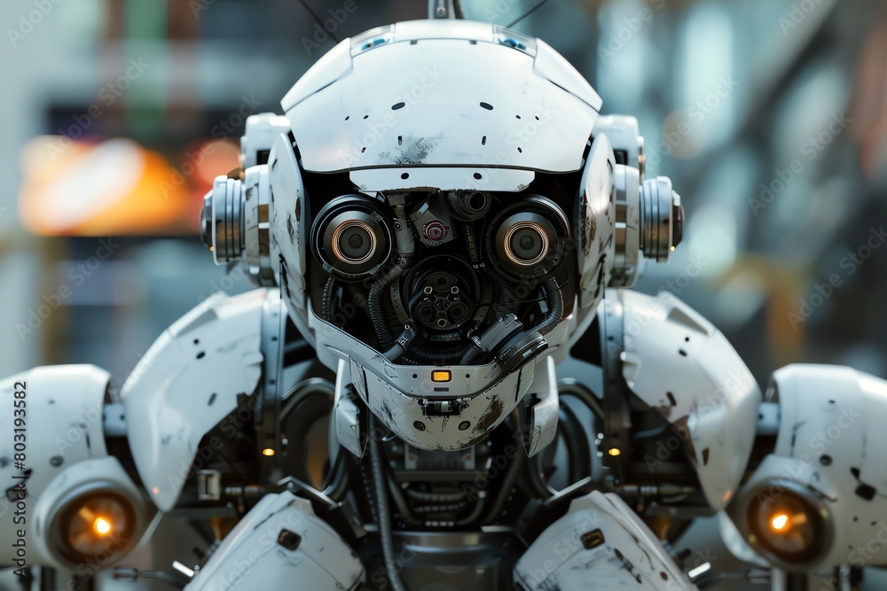 Produce a detailed, photorealistic digital rendering of a futuristic frontal view rescue robot equipped with advanced sensors and tools, Incorporate a sense of urgency and action into the scene Produce a detailed, photorealistic digital rendering of a futuristic frontal view rescue robot equipped with advanced sensors and tools, Incorporate a sense of urgency and action into the scene