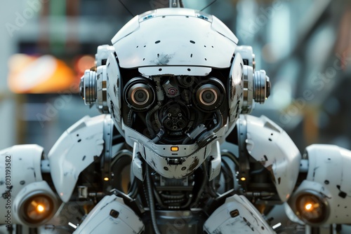 Produce a detailed, photorealistic digital rendering of a futuristic frontal view rescue robot equipped with advanced sensors and tools, Incorporate a sense of urgency and action into the scene © nattapon98