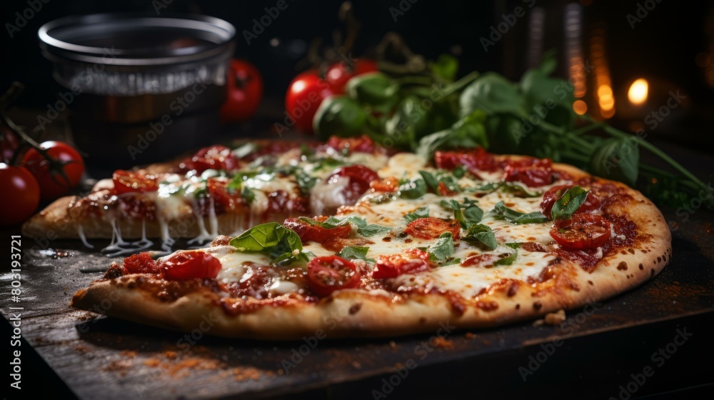 half pizza with cherry tomatoes and basil on wooden table half pizza with cherry tomatoes and basil on wooden table