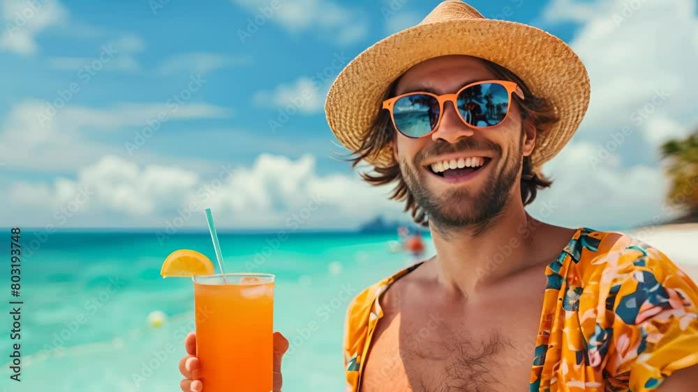 A man is smiling and holding a glass of orange juice on a beach. Concept of relaxation and enjoyment of the beach environment