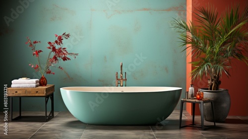 Teal bathtub in a stylish bathroom