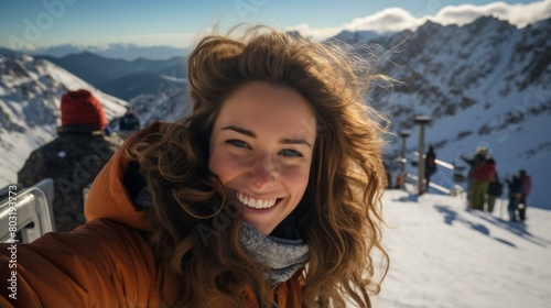 A woman in an orange jacket smiles for a selfie on a snowy mountaintop