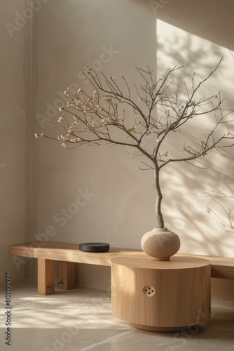 Still life of a ceramic vase with budding cherry blossoms on a wooden table photo