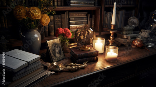 Enchanting Old World Reading Nook with Books and Candlelight. Generative AI