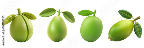 PNG feijoa 3d icons and objects collection, in cartoon style minimal on transparent, white background, isolate