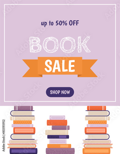 Vertical sale banner, advertising poster for bookstore, book fair or festival, Back to School designs. Vector illustration with pile of various books. E-book or e-library concept.