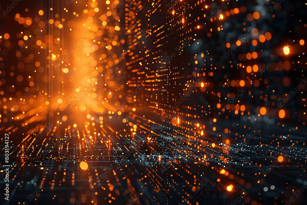 Fiery orange digital explosion with sparks on a dark grid background Fiery orange digital explosion with sparks on a dark grid background