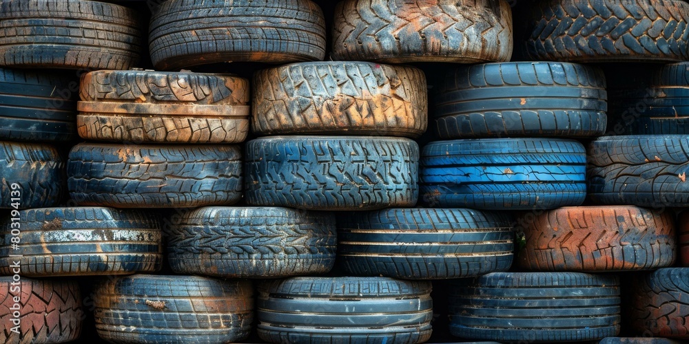 Used and old car tires stacked up in a wall Used and old car tires stacked up in a wall