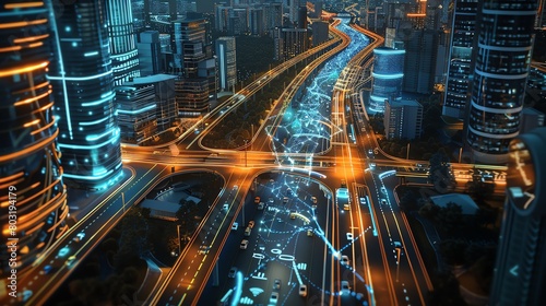 Produce a stunning aerial view of a smart city interconnected with Internet of Things devices in vivid colors using digital rendering techniques such as CG 3D rendering and photorealistic effects