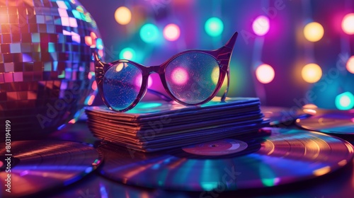 Retro cat-eye glasses on vinyl records with disco ball and colorful lights