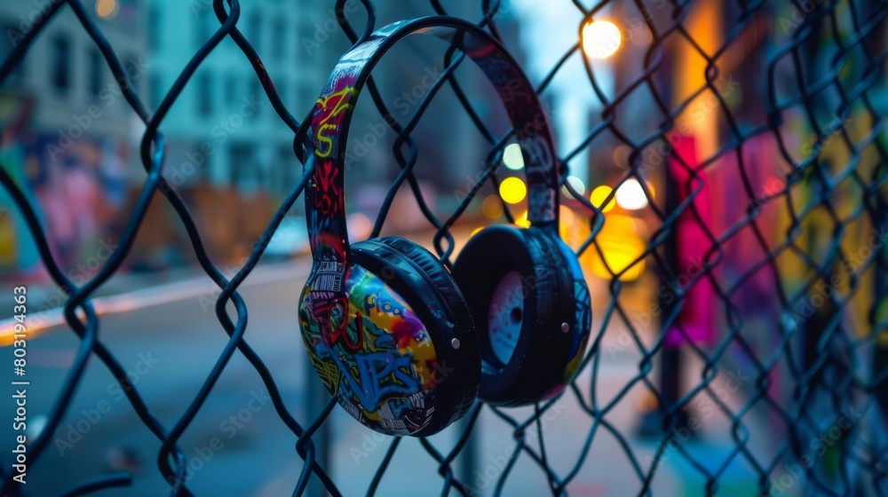 Colorful retro-inspired headphones hanging on a chain-link fence in an urban setting