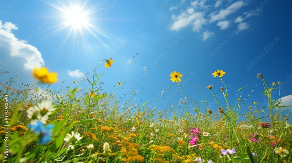 Field of flowers under a bright blue sky