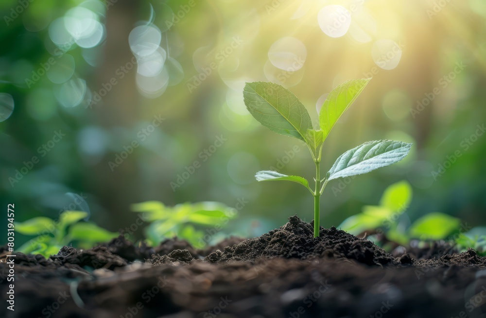 A closeup of a sprout growing from soil, symbolizing new life and growth in nature A closeup of a sprout growing from soil, symbolizing new life and growth in nature