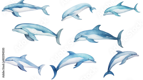  A pod of dolphins leaping through the air in isolated on transparent background