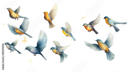 A flock of birds is flying in the sky. The birds are blue, green, and yellow in isolated on transparent background