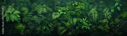 Rainforest canopy viewed from above, lush greens, birdseye view