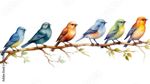 A flock of birds of different colors is sitting on a branch. The background is transparent in isolated on transparent background