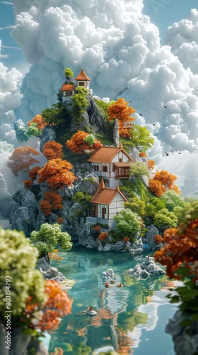 Fantasy Mountain Lake House With Autumn Trees photo