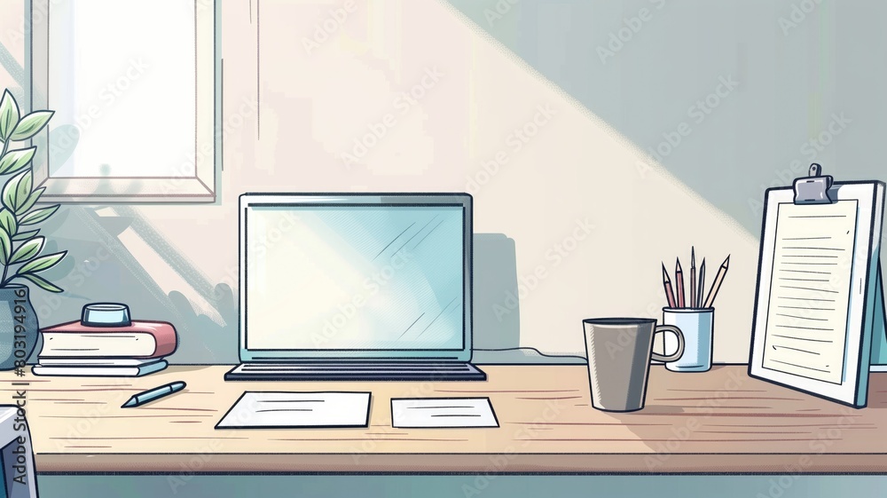 Modern home office setup with a sleek laptop and plant decor. Modern home office setup with a sleek laptop and plant decor.