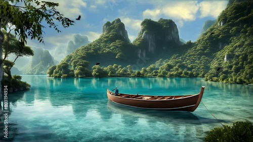Wooden boat on the lake. Seamless looping time-lapse 4k video animation background