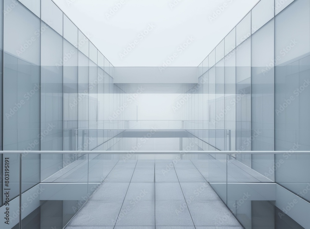 An empty modern glass and steel building with a long hallway