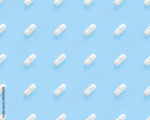 White medicine pills flat lay seamless pattern. Endless texture for web, decoration, covers, pharmaceutical print design