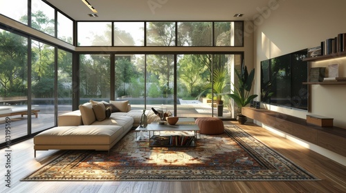 Modern living room interior design with large windows and a view of the garden