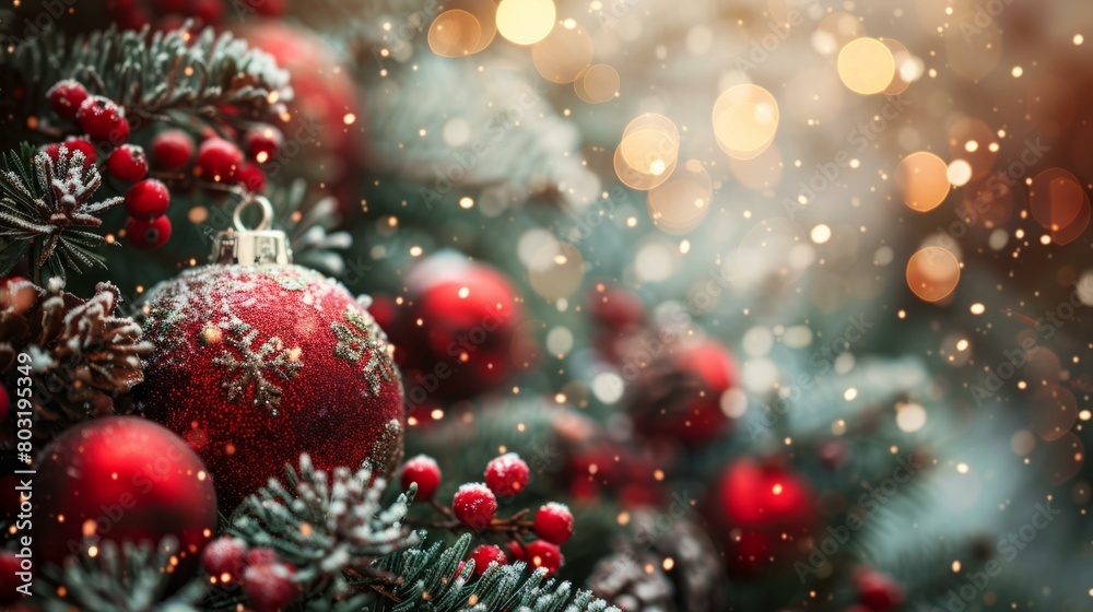 Christmas tree with red ornaments and snow Christmas tree with red ornaments and snow