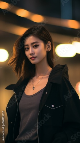 A portrait of a young Asian woman in a black jacket photo