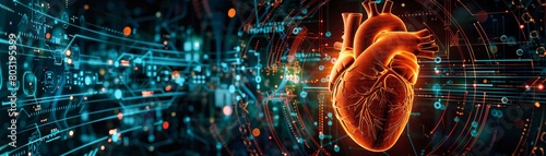 A conceptual art piece featuring a human heart surrounded by biotechnological devices, illustrating the interplay between health and innovation