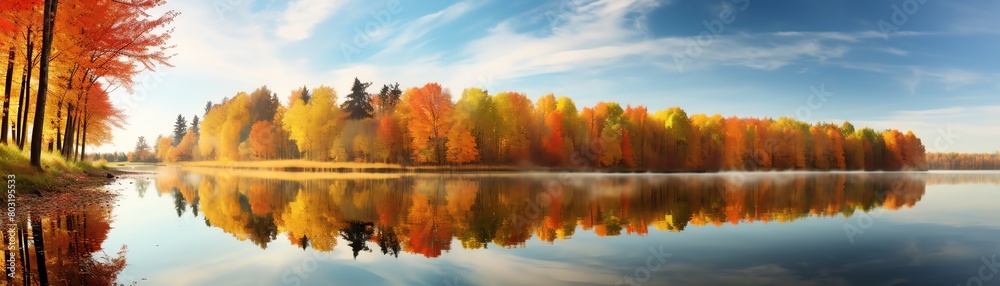 Serene lake reflecting autumn trees, calm afternoon, wide angle Serene lake reflecting autumn trees, calm afternoon, wide angle