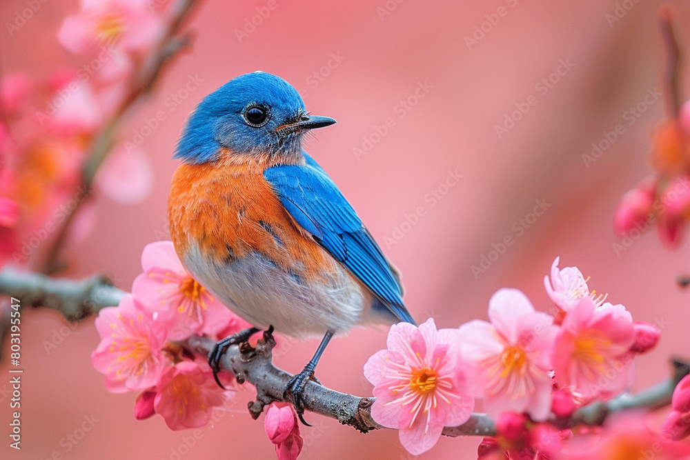 A vibrant bluebird perched on a blossoming cherry tree branch, its azure feathers a striking contrast against the pink blooms top view