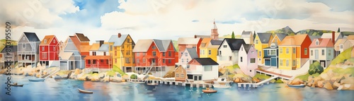 Seaside village painted in watercolor, cheerful colors, afternoon light, bird seye view photo