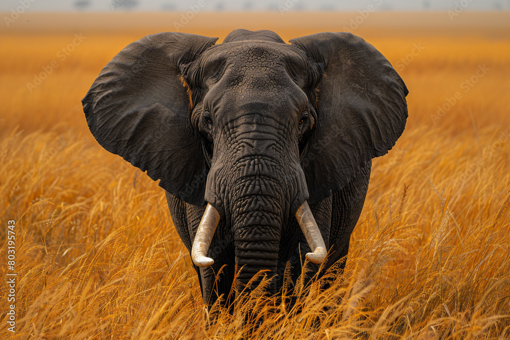 Naklejka premium A majestic African elephant wandering through the savanna, its wrinkled gray skin contrasting with the golden grasslands top view