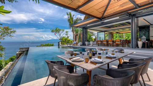 Luxurious seaside villa with a floating dining pavilion over the pool, combining fine dining with breathtaking ocean views.