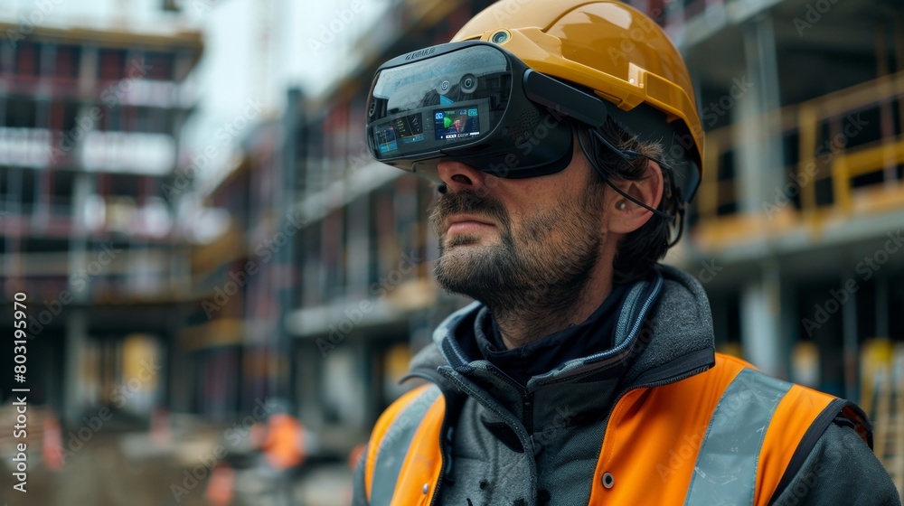 An engineer wearing augmented reality glasses, conducting drone surveys and aerial inspections to monitor construction progress. An engineer wearing augmented reality glasses, conducting drone surveys and aerial inspections to monitor construction progress.
